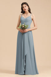 Long A-line V-Neck Chiffon Dusty Blue Wedding Guest Dress