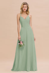 Stylish Chiffon Spaghetti Straps Sleeveless Long Bridesmaid Dress