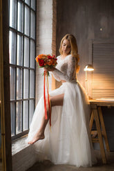 Long A-line Lace Tulle Two Piece Wedding Dress with Short Sleeve