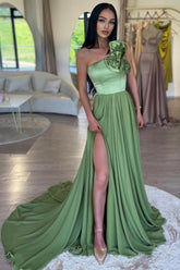 Long A-line One Shoulder Satin Prom Dresses with High Slit