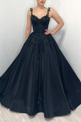 Elegant Long Black A-line Sweetheart Satin Appliques Wedding Dress with Train