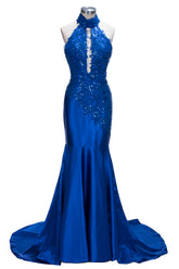 Mermaid Floor Length Halter Keyhole Neckline Satin Long Prom Dresses