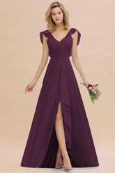 Simple High Low A-line V-Neck Ruffles Chiffon Grape Bridesmaid Dress