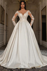 Gorgeous Long Sleeves A Line Open Back Sweetheart Appliques Lace Satin Wedding Dress