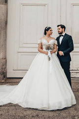 Plus Size Long A-line Off the Shoulder Open Back Wedding Dress with Ruffle