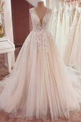 Long A-Line Wide Straps Appliques Lace Tulle Ruffles Wedding Dress