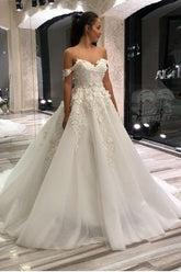 Beautiful Long A-Line Sweetheart Off the Shoulder Appliques Lace Tulle Wedding Dress