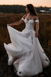 Gorgeous Long A-line Off the Shoulder Tulle Wedding Dress with Appliques Lace