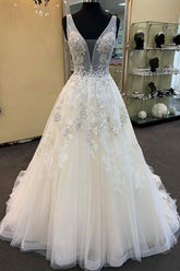 Unique White Tulle V Neck Long A-line Beaded Lace Wedding Dress