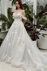 Chic Long A-line Off the Shoulder Tulle Wedding Dress with Lace Appliques