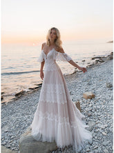 Long A-Line V Neck Lace Tulle Backless Wedding Dresses with Short Sleeve