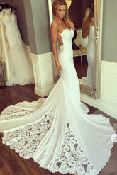 Sexy Long Mermaid Sweetheart Open Back Satin Lace Wedding Dress