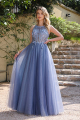 Chic Long A-line Floor Length Lace Appliques Backless Prom Dresses
