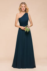 Simple One Shoulder A-line Floor Length Chiffon Bridesmaid Dress With Ruched