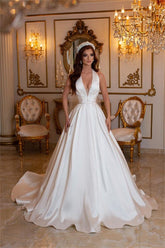 Elegant Long A-line V-neck Halter Chapel Train Satin Sleeveless Wedding Dress