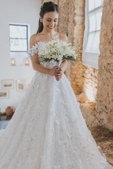 Elegant Long A-line Off the Shoulder Tulle Floral Lace Wedding Dresses