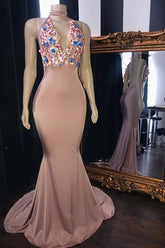 Long Mermaid Appliques Lace Sleeveless V-neck Prom Dresses