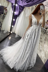 Long Straps V-neck Appliques Lace A-line Backless Wedding Dresses