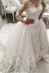 Gorgeous Ivory V-Neck Long Sleeves Ball Gown Appliques Watteau Train Wedding Dress