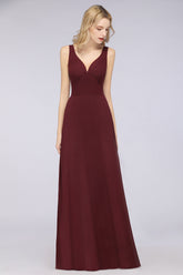 A-Line Chiffon V-Neck Straps Sleeveless Ruffles Floor Length Bridesmaid Dress with Open Back