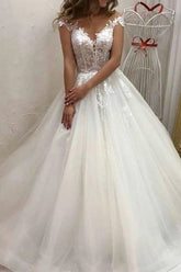 Long A-line Sweetheart Off the Shoulder Appliques Lace Tulle Train Wedding Dress
