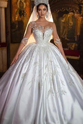 Gorgeous Long Ball Gown Sweetheart Satin Wedding Dress with Sleeves