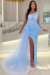 One Shoulder Long Sleeve Lace Split Mermaid Prom Dress with Tulle Train