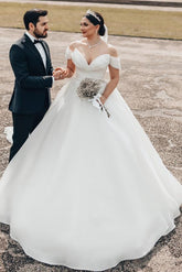 Plus Size Long A-line Off the Shoulder Open Back Wedding Dress with Ruffle