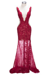 Mermaid Front Split Sleeveless V-neck Lace Appliques Long Prom Dresses