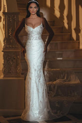 Long Open Back V Neck Spaghetti Straps Lace Mermaid Floor Length Wedding Dress