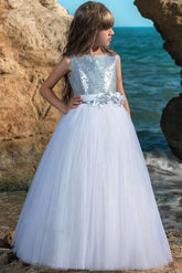 Long Scoop Neck Tulle Sleeveless Ball Gown Flower Girl Dress