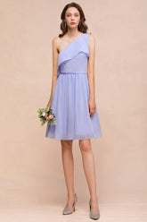 Short A-line One Shoulder Lavender Ruffle Chiffon Bridesmaid Dress