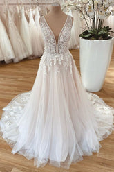 Long A-Line Wide Straps Tulle Floor Length Wedding Dress With Floral Lace