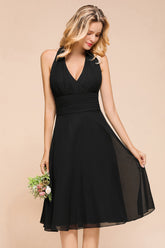Simple Black Deep V-neck Halter Backless Knee-length Chiffon A-Line Bridesmaid Dress