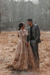 Charming Champagne Long A-line High Neck Tulle Lace Wedding Dresses with Sleeves