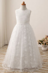Long Scoop Neck Short Sleeveless Ball Gown Flower Girl Dress