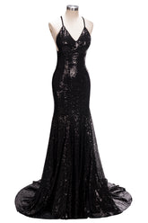 Mermaid V-neck Spaghetti Straps Floor Length Sequined Long Prom Dresses
