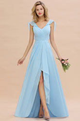 Simple High Low A-line V-Neck Ruffles Chiffon Sky Blue Bridesmaid Dress