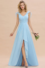 Simple High Low A-line V-Neck Ruffles Chiffon Sky Blue Bridesmaid Dress
