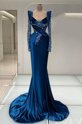 Long Sleeves Sweetheart Satin Formal Evening Dress with Beads