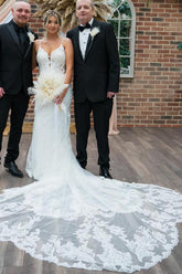 Spaghetti Straps Backless V-Neck Lace Mermaid Long Wedding Dress