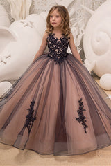 Long V-Neck Sleeveless Tulle Lace Ball Gown Flower Girl Dress