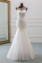 Elegant Long Mermaid Jewel Tulle Backless Wedding Dress with Lace