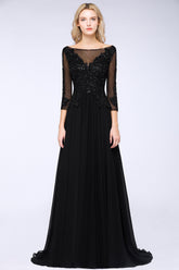 Black 3/4 Sleeves Beads A-Line Appliques Bridesmaid Dress