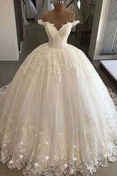 Long Off the Shoulder Lace Tulle Ball Gown Lace-up Wedding Dresses