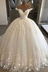 Long Off the Shoulder Lace Tulle Ball Gown Lace-up Wedding Dresses