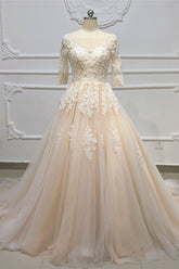 Champagne Tulle Lace Applique Half Sleeve Long A-line Wedding Dress