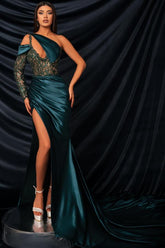 Long Sleeves Mermaid One Shoulder Satin Lace Prom Dresses with Slit