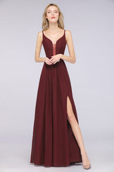 A-Line Chiffon Appliques Spaghetti Straps Deep-V-Neck Sleeveless Floor Length Bridesmaid Dress with Ruffles