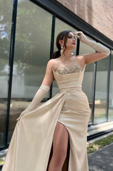 Long Mermaid Sweetheart Satin Beads Prom Dresses with High Split
